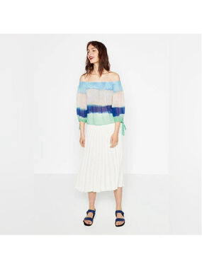 Zara Top Women Size Small Coastal Blue Green White Sheer Off-Shoulder 3/4 Sleeve